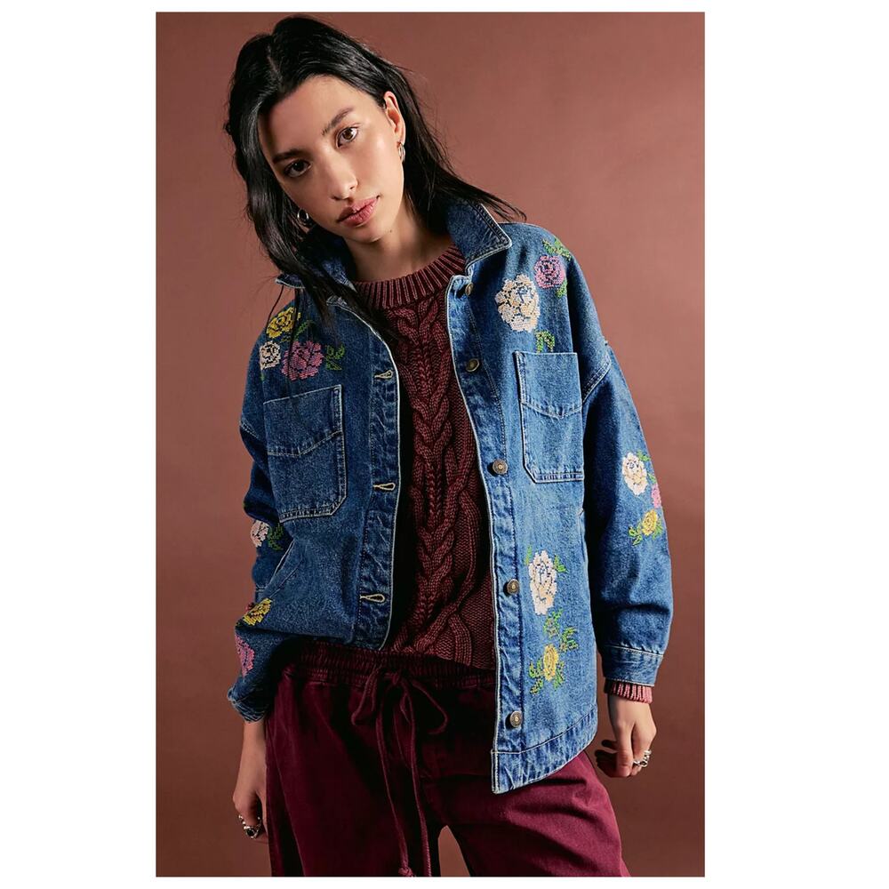 NEW Free People Madison Embroidered Denim City Jacket Size Small